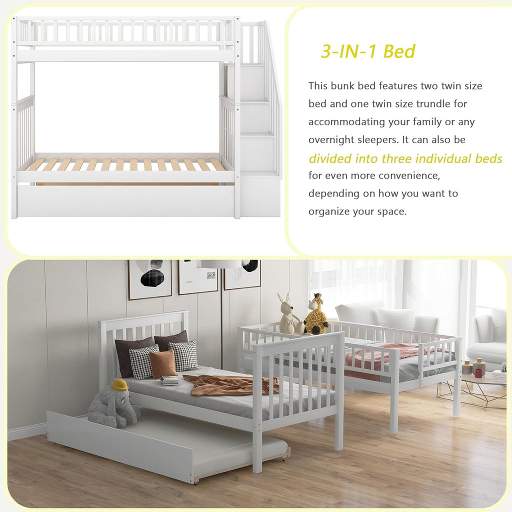 Twin Over Twin Bunk Bed with Trundle, Storage Staircase and Full Length Guardrail, Solid Wood Stairway Bunk Bed
