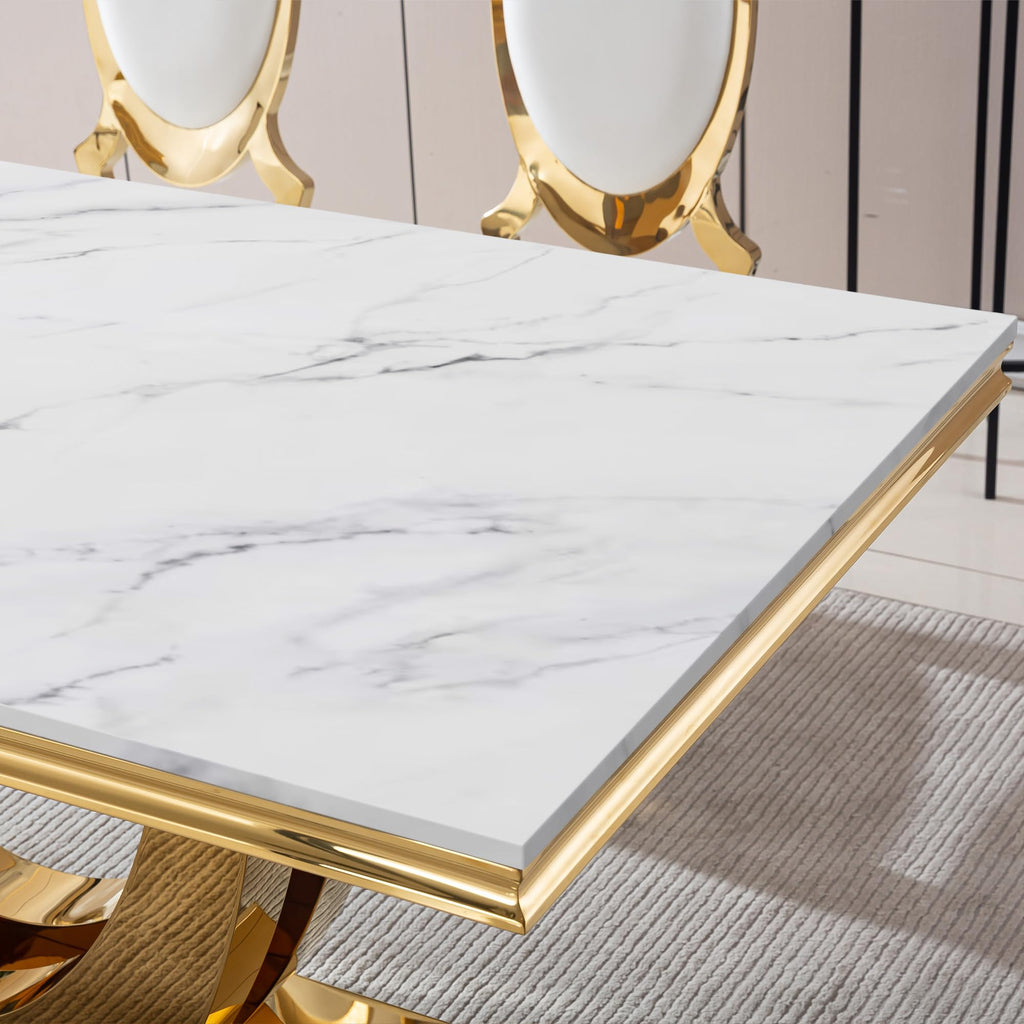 White Marble Dining Table Luxury Faux Marble Kitchen Table with U-Shape Mirrored Finish Pedestal Base, 68"