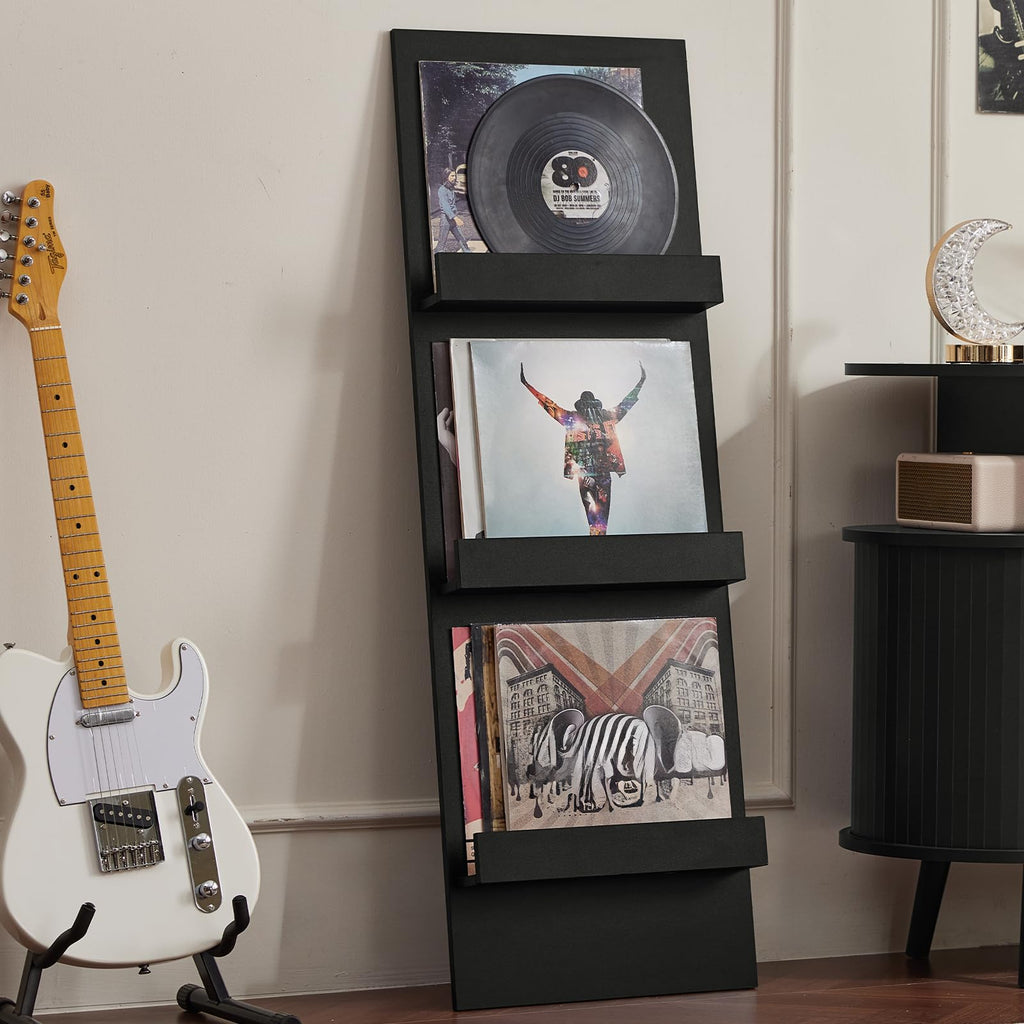 Wall-Leaning Vinyl Record Holder Set of 2 with 3 Tier Display Shelf, 47.5'' Tall Record Storage Magazine Holder