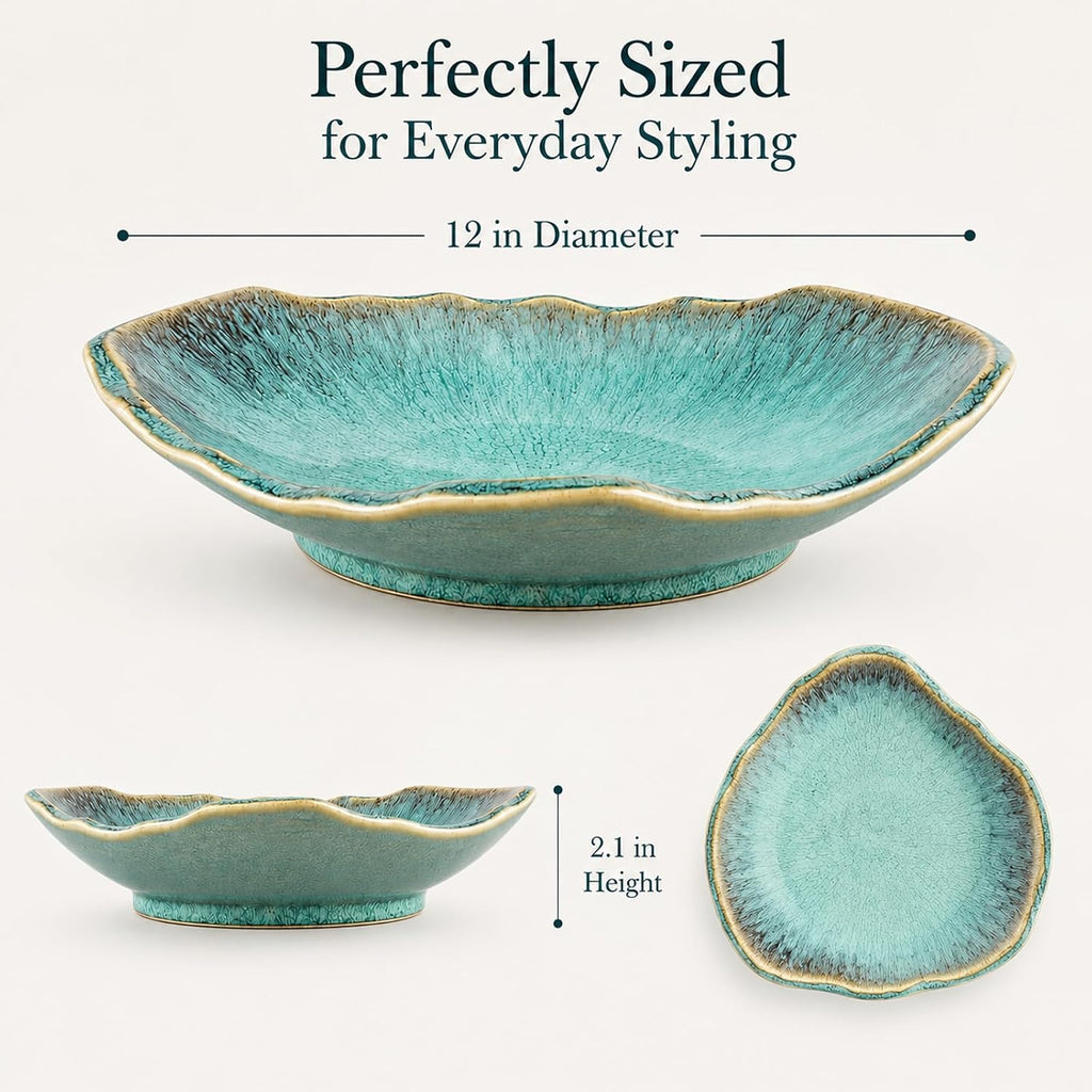 Green Ceramic Decorative Bowl - 12 In Fruit Bowl, Candy Dish, Key Bowl for Entryway Table, Trinket Dish, Ring Dish