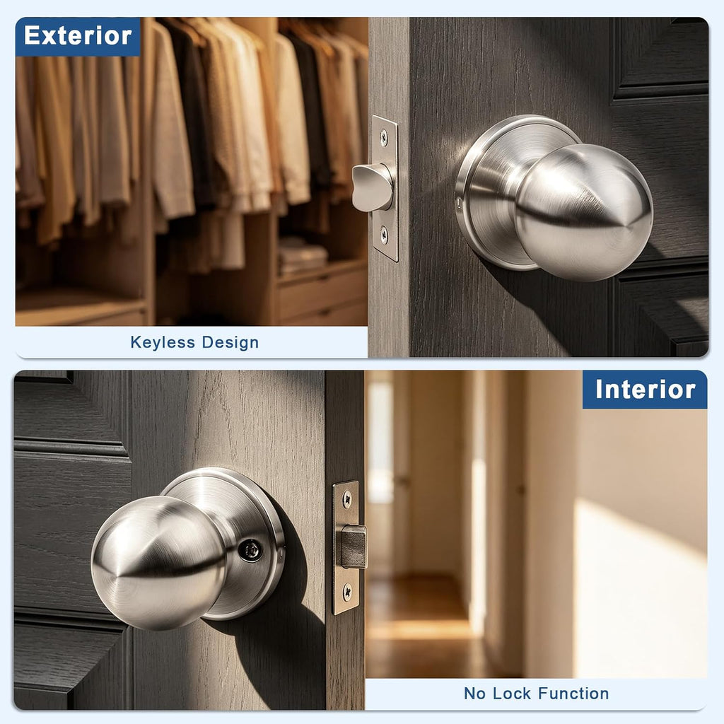 6 Pack Keyless Indoor Door Knob, Passage Door Knobs, Interior Door Knobs, Satin Nickel, Stainless Steel