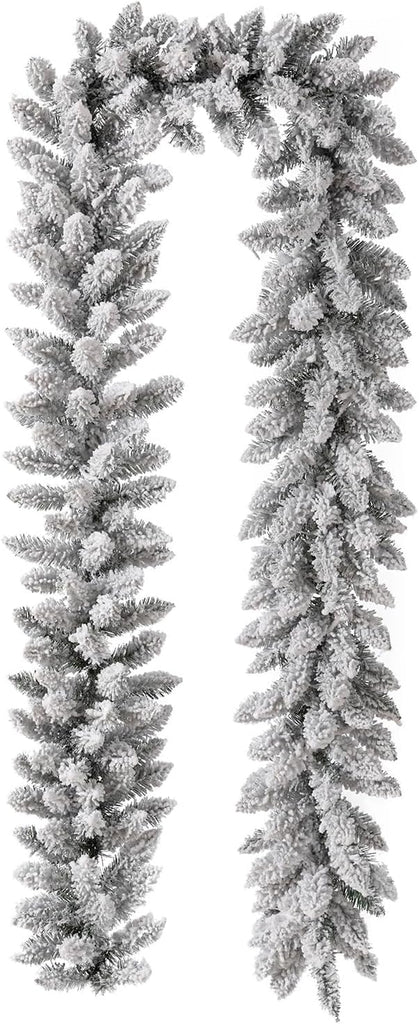 For Mantle, Pre-Lit Snow Flocked Christmas Garland with Warm White LED Lights and Timer for Fireplace, Dining Table