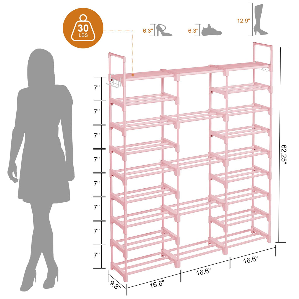 9 Tier 3-Column Shoe Rack, 50-55 Pairs Stackable Pink