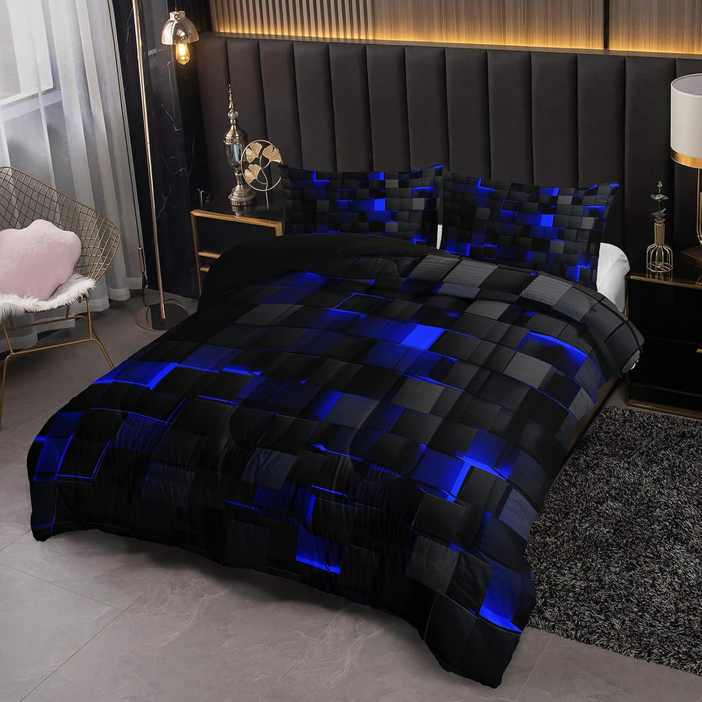 Neon Blue Black Comforter Set Full Geometric Kids Bedding Set,3 PCS Geometry Honeycomb Bed Set Modern Quilt Set 1