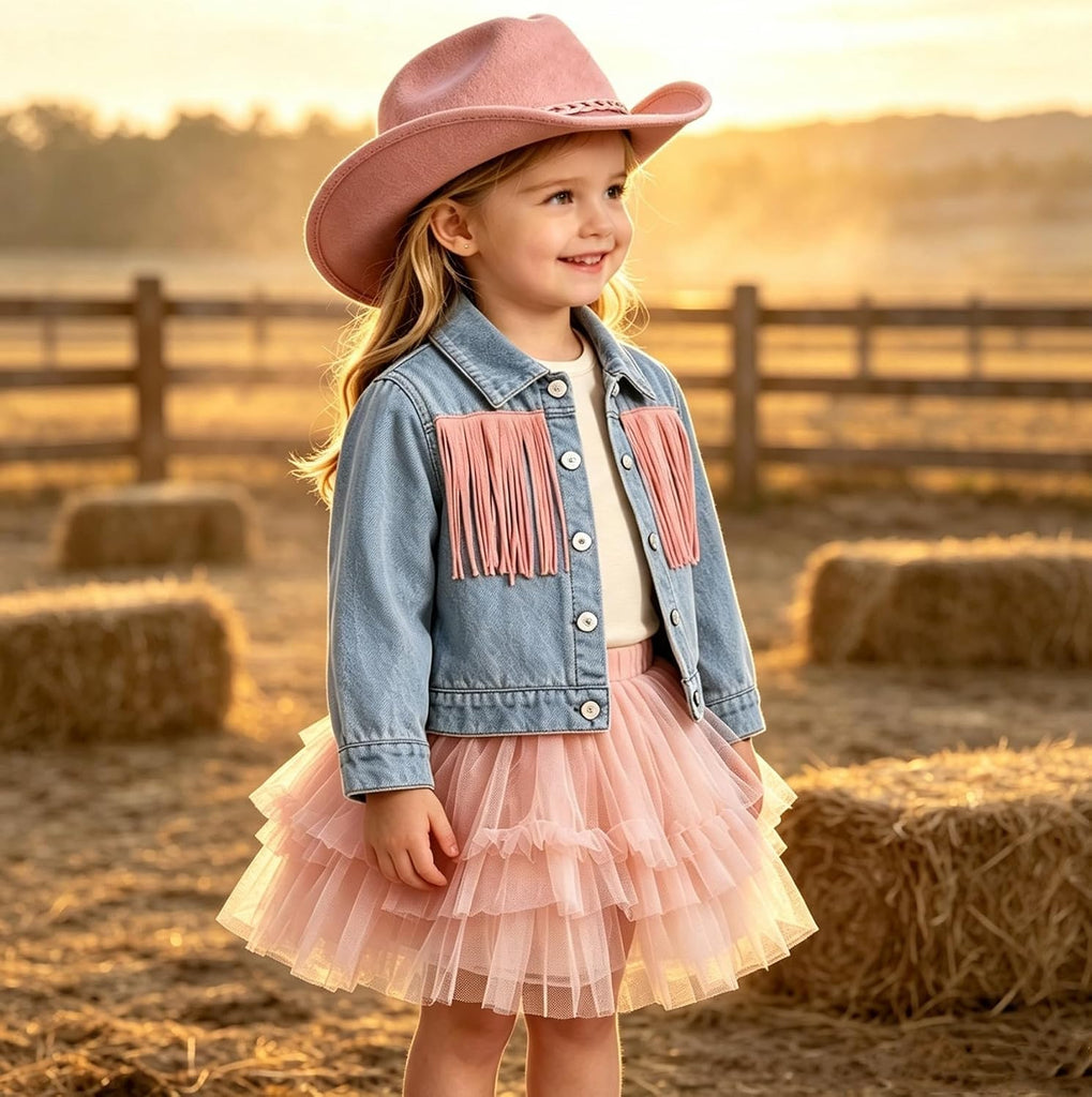 Girl Jean Jacket Tassels Long Sleeve Button Denim Coat