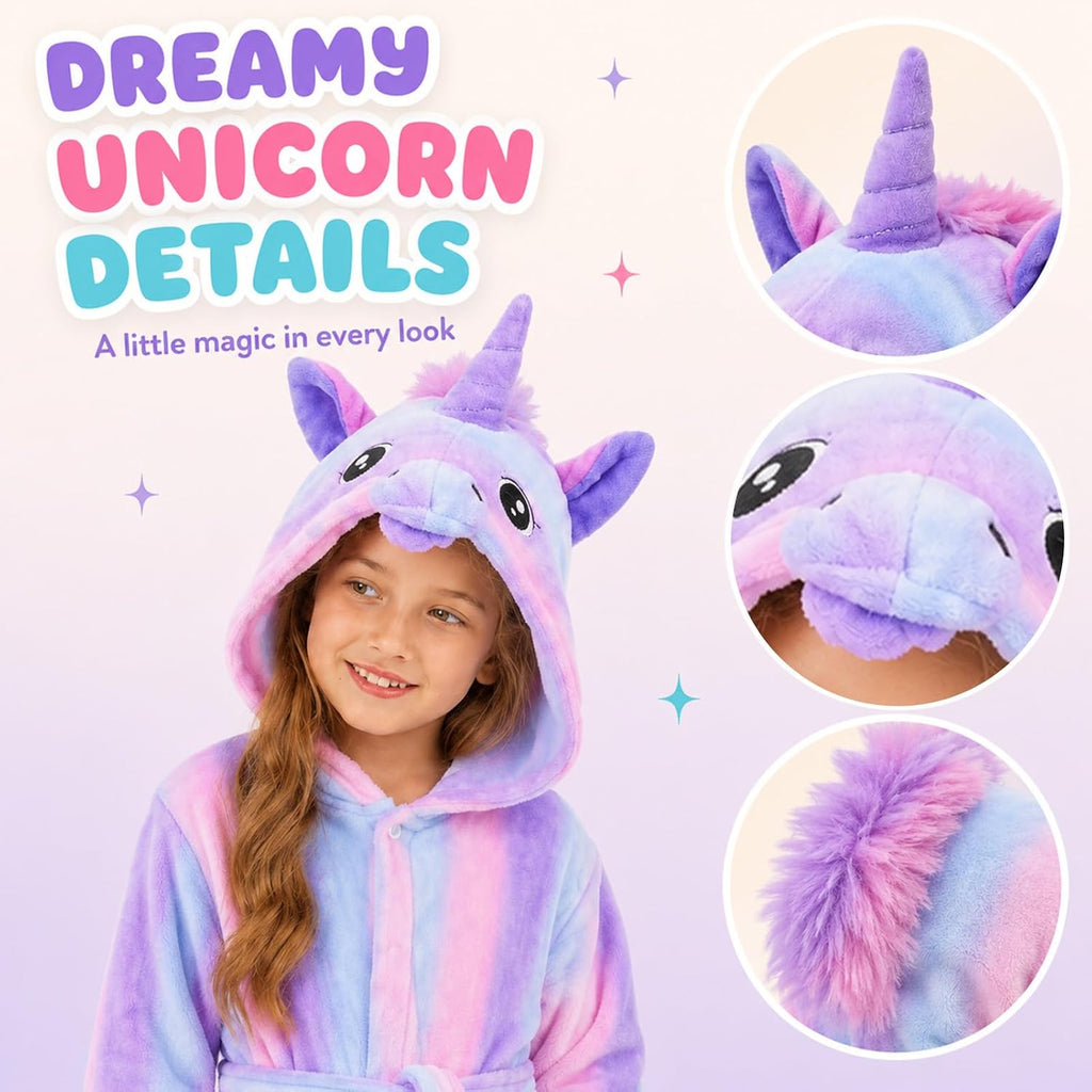 Girls Unicorn Fleece Robe, Rainbow Star Leopard Bathrobe for Kids, Coral Fleece Bath Robe With Pockets -12