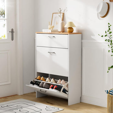 Shoe Cabinet Storage Ultra Slim with 2 Flip &1Drop-Down Drawers, 24.8" W Narrow Shoe Cabinet for Front Door