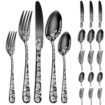 20 piece Unique Pattern Design Silverware Set, Stainless Steel Flatware Set Service for 4, black Cutlery Set, Mirror