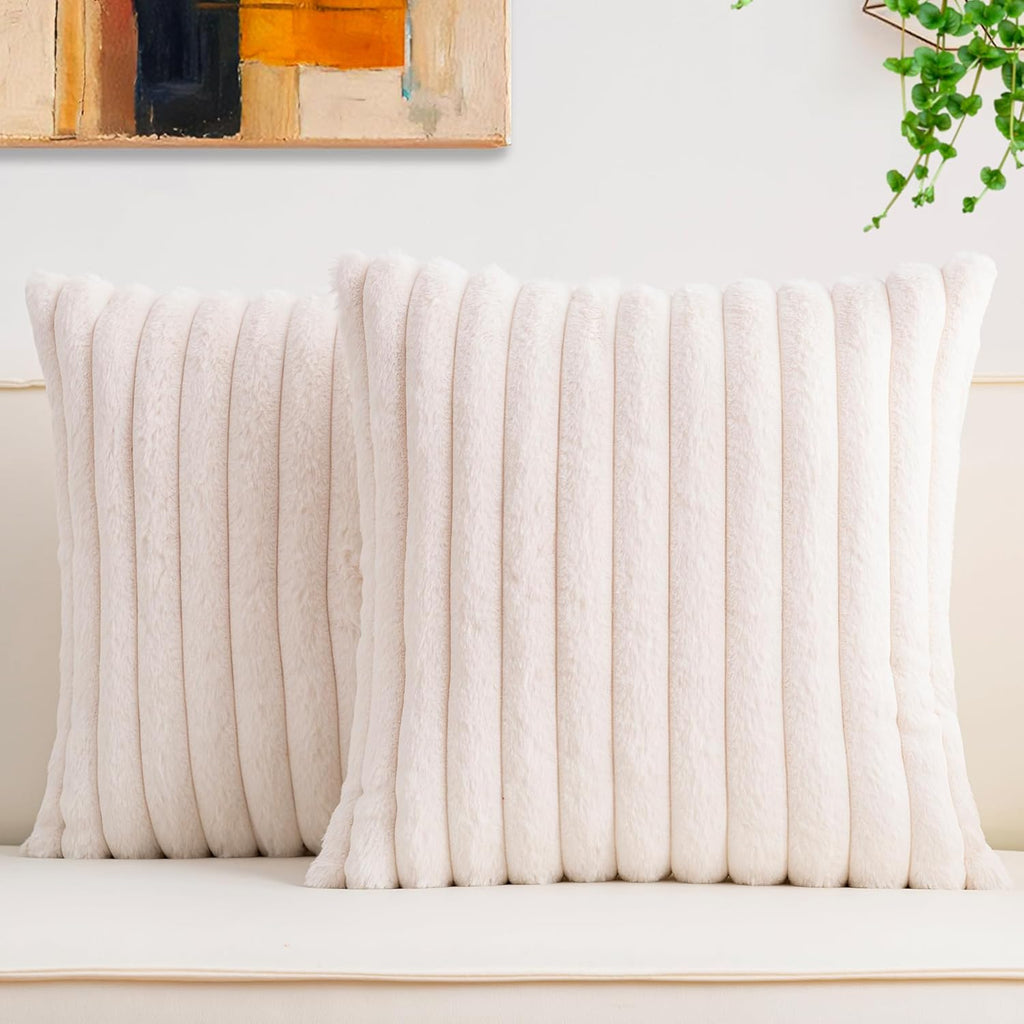 Pack of 2 Faux Fur Christmas Throw Pillow Covers 18x18 Inch, Soft Plush Striped Neutral Couch Pillow Cover, with