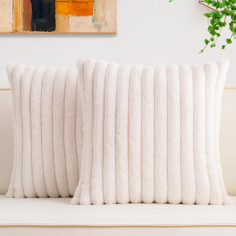 Pack of 2 Faux Fur Christmas Throw Pillow Covers 18x18 Inch, Soft Plush Striped Neutral Couch Pillow Cover, with