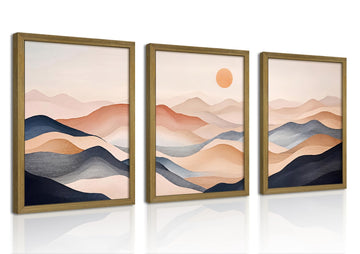 Vintage Abstract Mountain Wall Art Set of 3 Canvas, Neutral Desert Landscape Framed Poster, Retro Boho Painting for