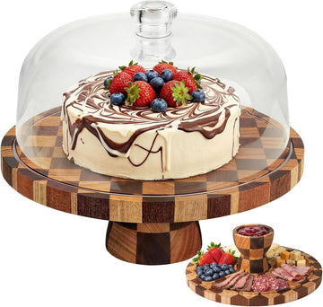 Cake Stand with Shatterproof Acrylic Dome, 12in Wooden Cake Stand