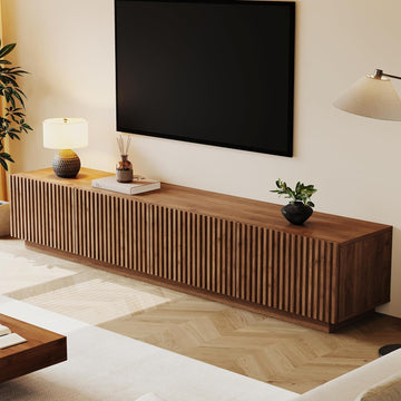 Modern 86.61" Extra Long TV Stand with Fluted Sliding Doors, Media Console Cabinet with Large Storage Compartments &