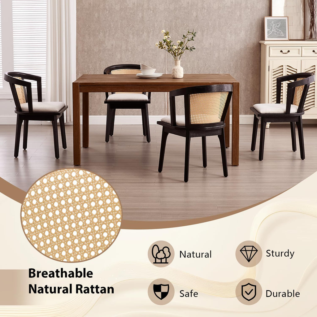 Modern Rattan Dining Chair Set of 4 Farmhouse Semi Barrel Dining Room Chair Wooden Upholstered Chair Oak Finish