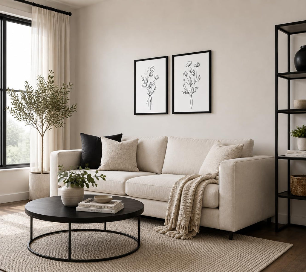 Framed Set of Two Canvas Wall Art Simple Botanical Line Print Black and White Floral Poster Modern Gallery Print Wall