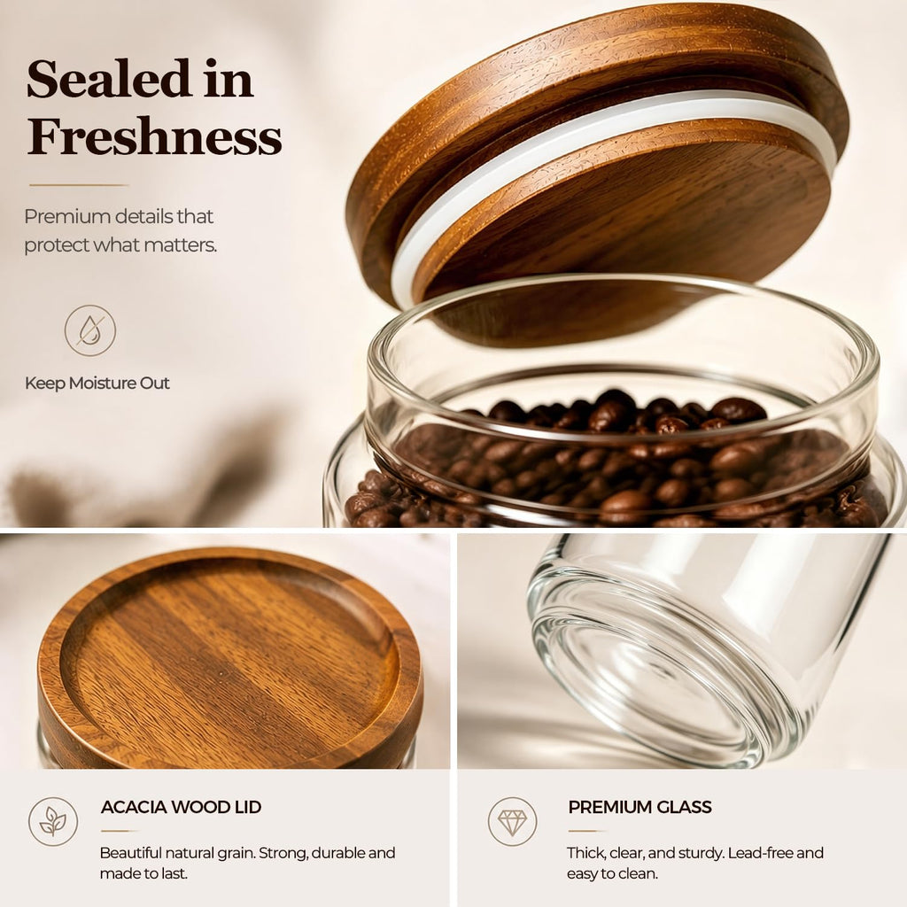 Glass Jar with Acacia Wood Lid 34oz 1Pack, Food Storage Container | 1.1Qt Canister, Oats Coffee Sugar Pasta Candy