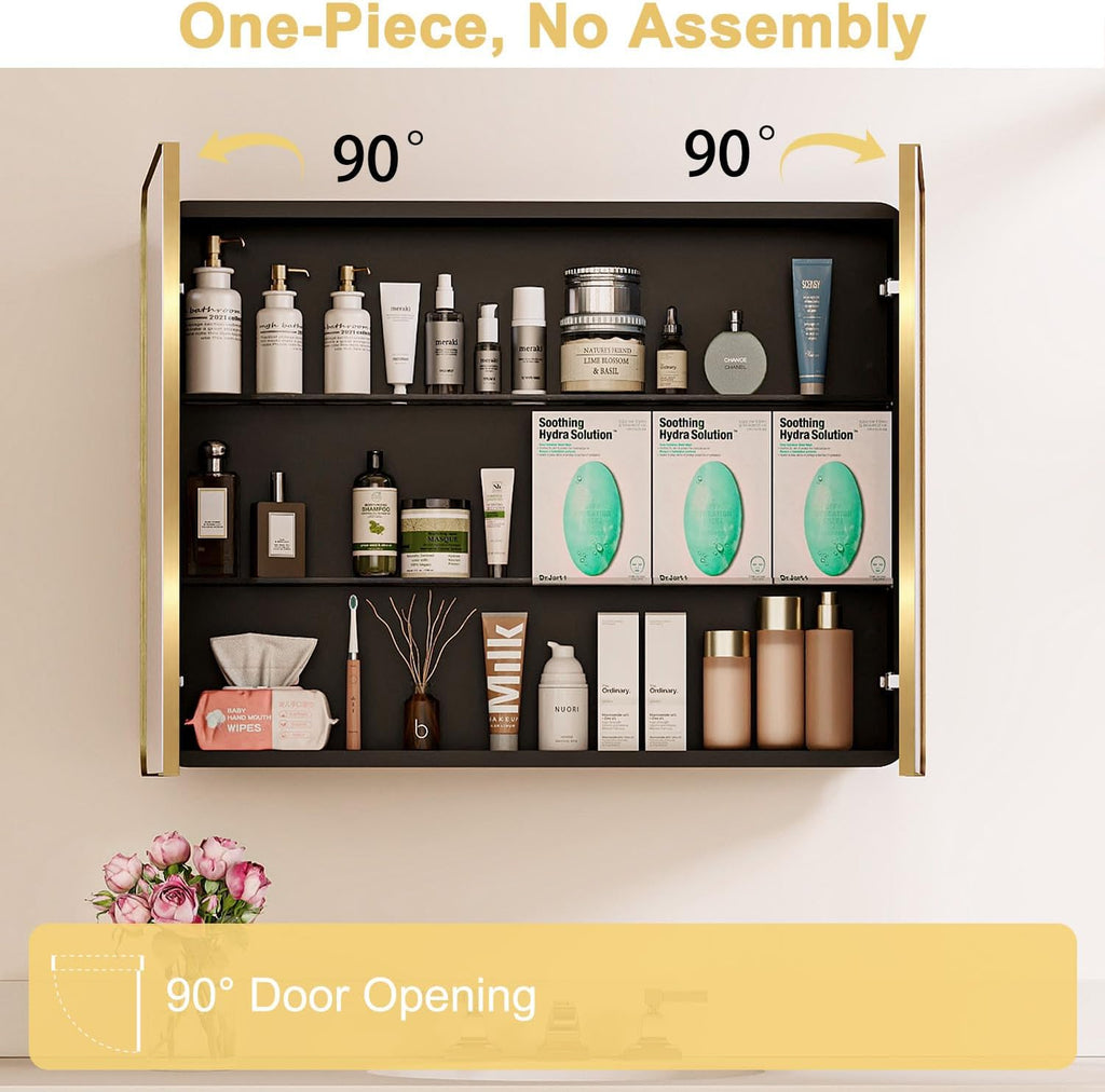 32x24 in Brushed Gold Double Door Medicine Cabinet with Mirror | Fully Assembled; Recessed or Surface Wall Mount;
