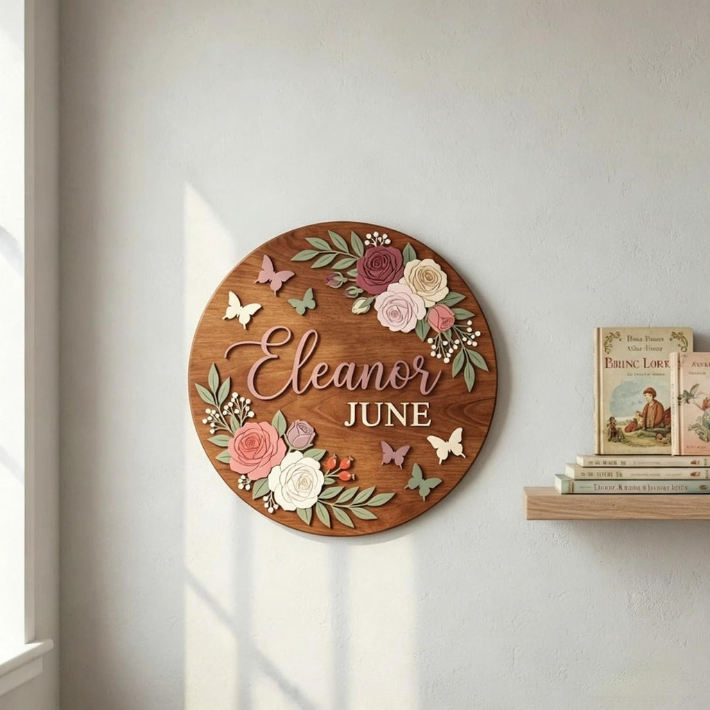 Personalized Wooden Name Sign, Custom Floral Round Wall Decor, Rustic Wooden Name Plaque, Nursery Room Decor