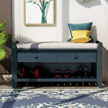 2 Tier Shoe Rack Bench with Cushion, Solid Wood Storage Bench with 2 Drawers, Antique Navy