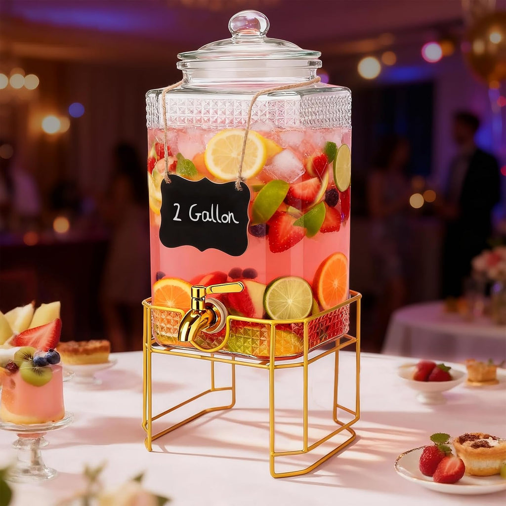 Drink Dispenser for Parties with Stand - 2 Gallon Beverage Dispenser with 18/8 Gold Stainless Steel Leak-Proof Spigot