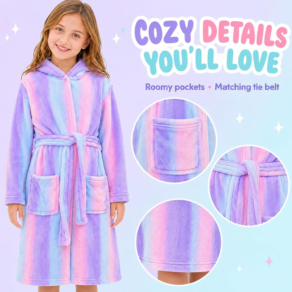 Girls Unicorn Fleece Robe, Rainbow Star Leopard Bathrobe for Kids, Coral Fleece Bath Robe With Pockets -12