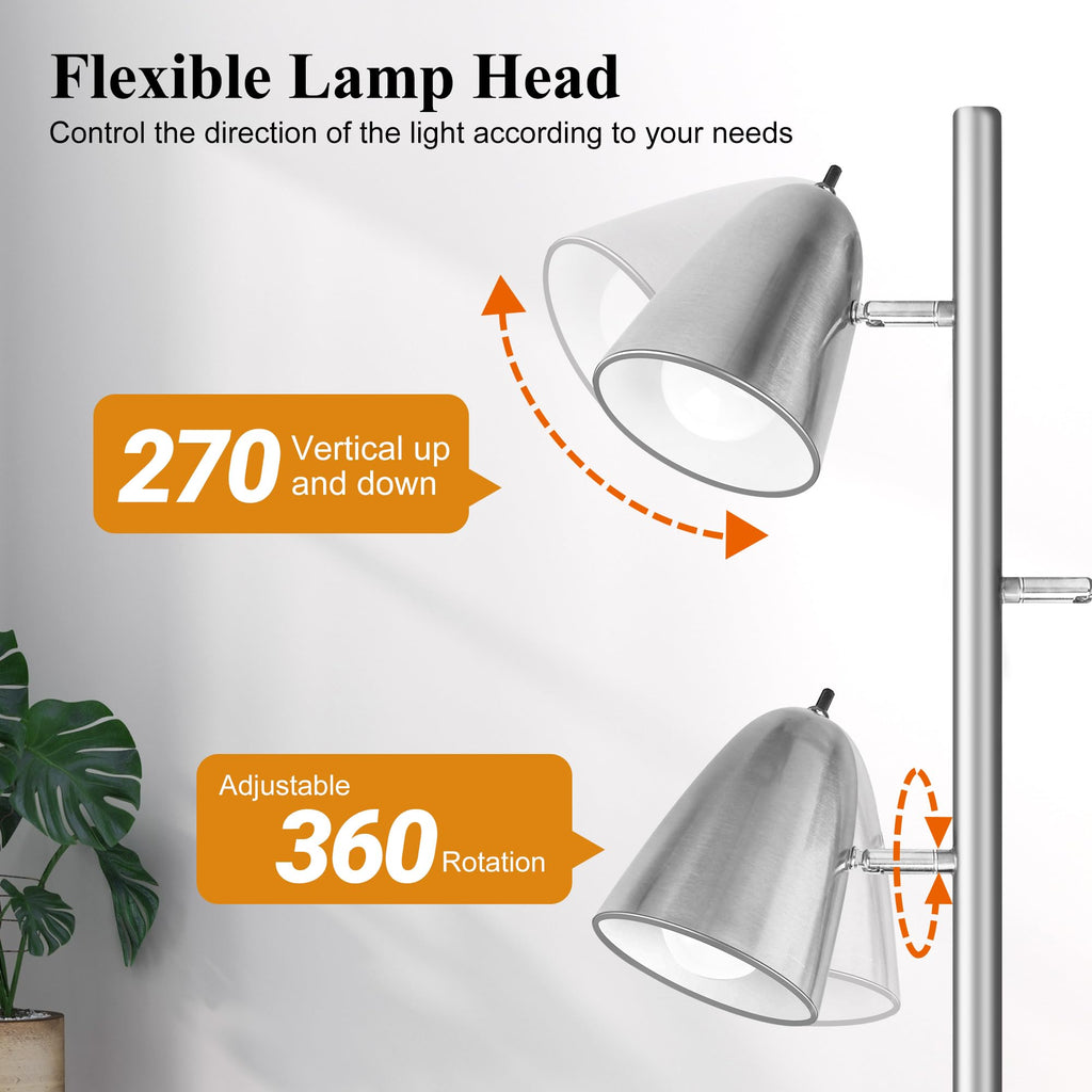 Tree Floor Lamp with 3 Light Bulbs, Standing Tall Pole Lamps Bedroom Office, Reading Stand up Lamps with 3 Adjustable