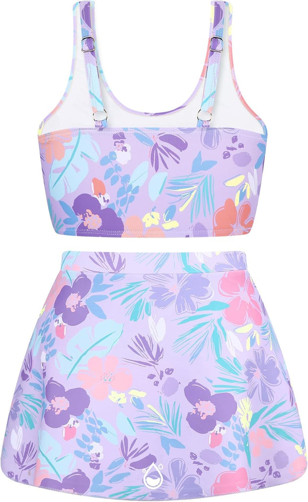 Girls Two Piece Tankini Swimsuit with Skirt Summer Bathing Suit with Chest Pad Swimwear