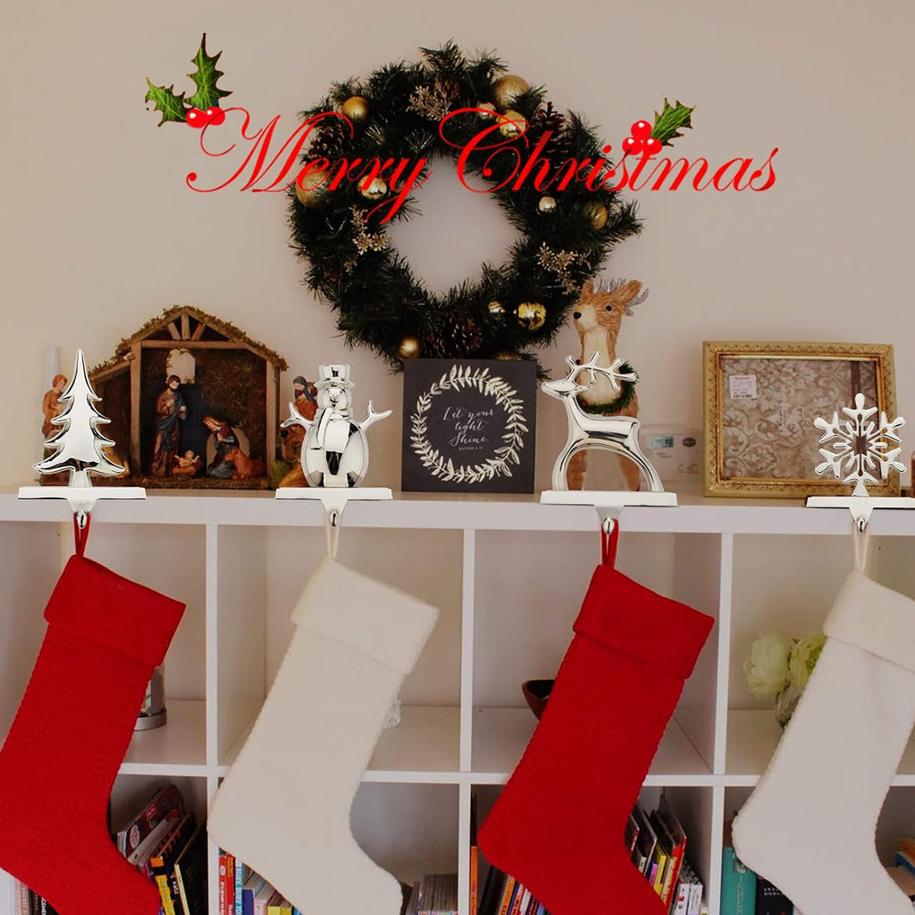 Christmas Stocking Holders for Mantel Set of 4 Reindeer Snowflake Snowman Pine Tree Vintage Metal Standing Stocking