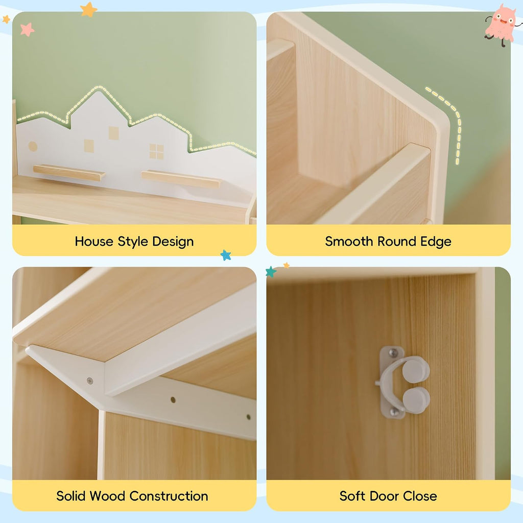 Kids Desk with Bookshelves and 2 Stools, Wooden Kids Desk and Chair Set with 5 Storage Cabinets, Children Writing
