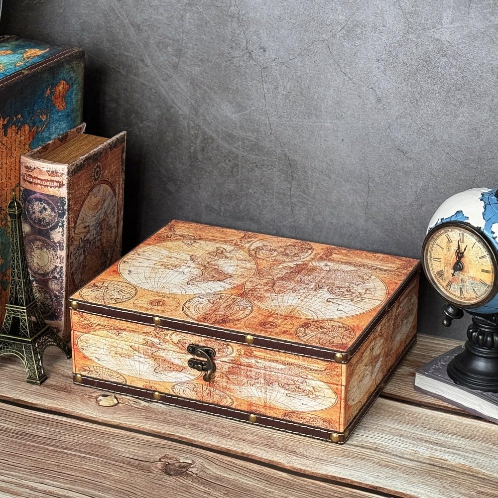 Vintage Wooden Storage Box - Treasure Chest Themed Gift, Keepsake Box for Trinkets, Jewelry, Mementos - Global Decor