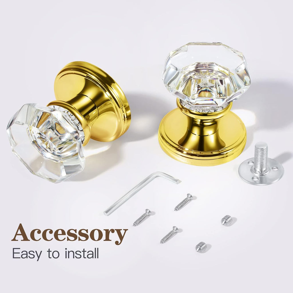2 Pack Crystal Dummy Door Knobs, Non-Turning Single Side Dummy Door Knob Set, Polished Brass/Gold