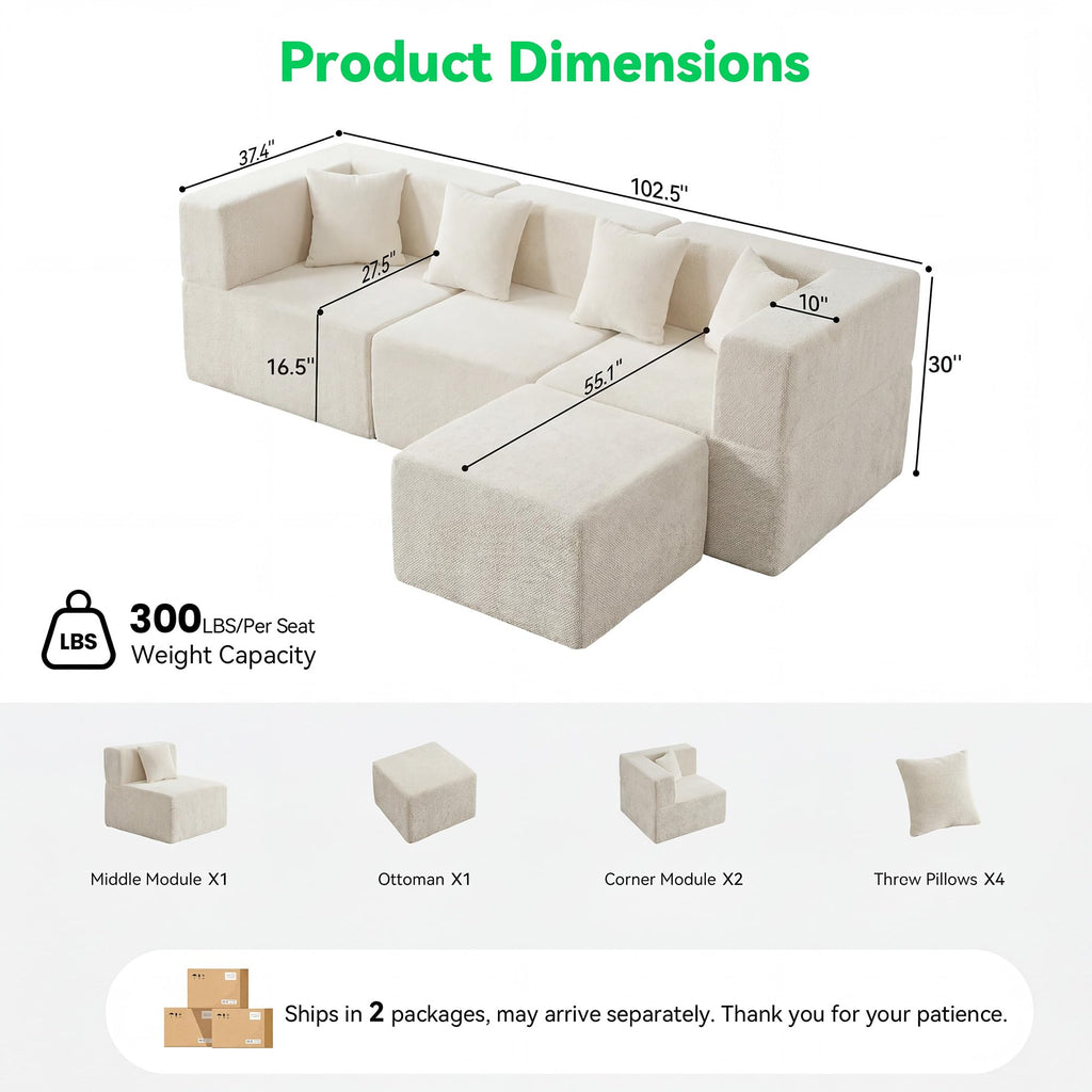 L Shaped Boneless Sectional Couch Oversized, Chenille, Beige
