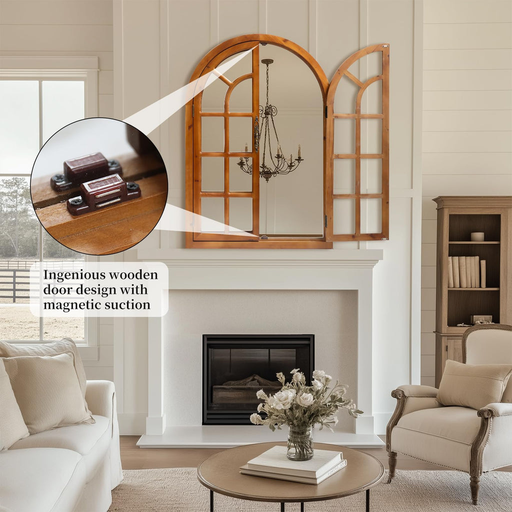 Rustic Wood Windowpane Arch Mirror, 24x36inch Vintage Farmhouse Window Pane Wall Mirror, or Bedroom Decor, Rustic