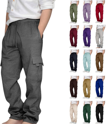 Boys Sweatpants Kids Drawstring Cargo Pants with Pockets Wide Leg Elastic Waist Baggy Jogger Back to School Clothes