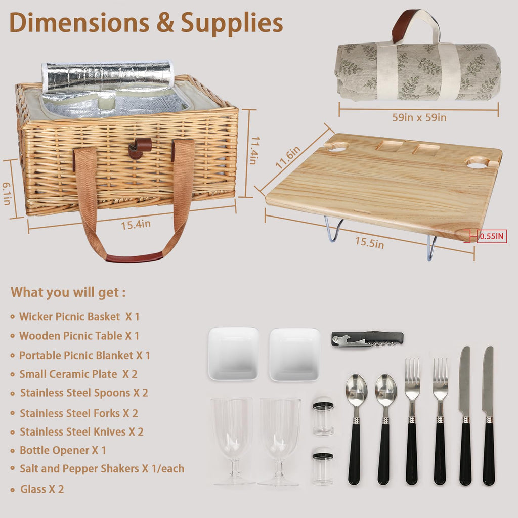 Wicker Picnic Basket for 2 with Mini Folding Wine Picnic Table & Large Insulated Cooler Bag & Cutlery Service Kits