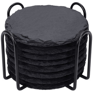 Slate Coasters Set of 8 with Metal Holder, Modern Stone Coasters for Drinks