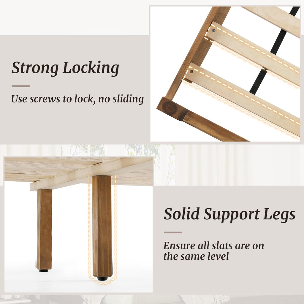 King Bed Frame and Headboard, 100% Solid Acacia Wood Platform, 800lb Heavy Duty Support with 10 Reinforced Legs