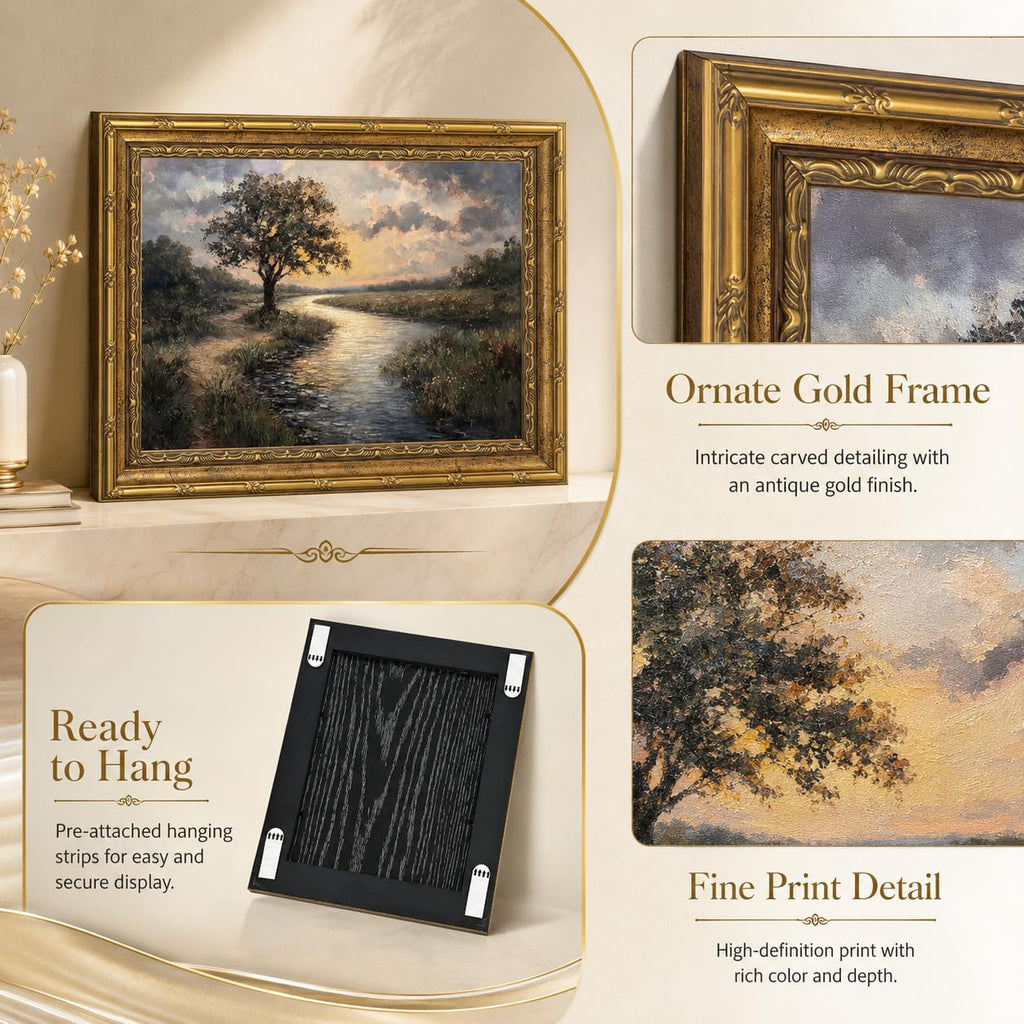 Gold Framed Canvas Wall Art, Serene River Tree Sunset Landscape Painting, Classic Countryside Picture Poster Prints