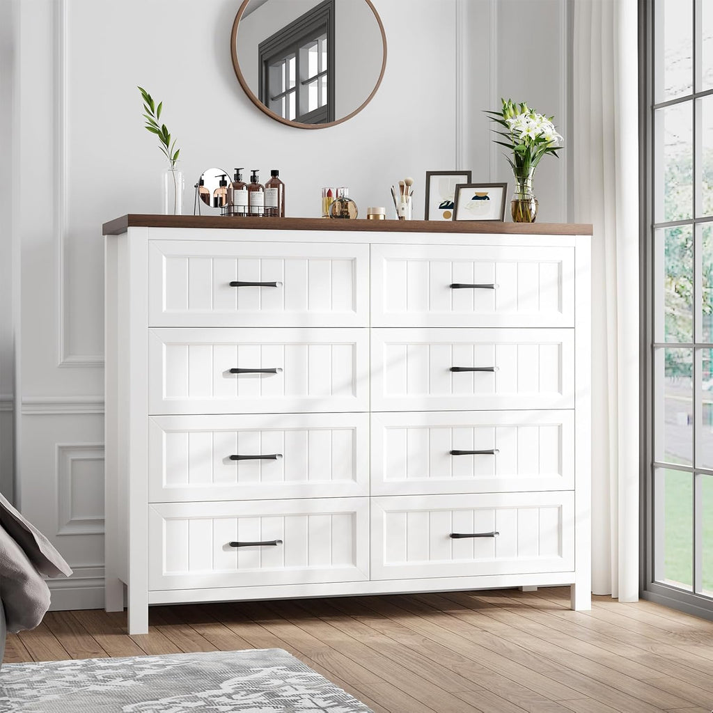 Farmhouse Dresser 8 Drawer Dresser , Large Wooden Dressers Double Grey Dresser with Deep Drawers Dressers (White and
