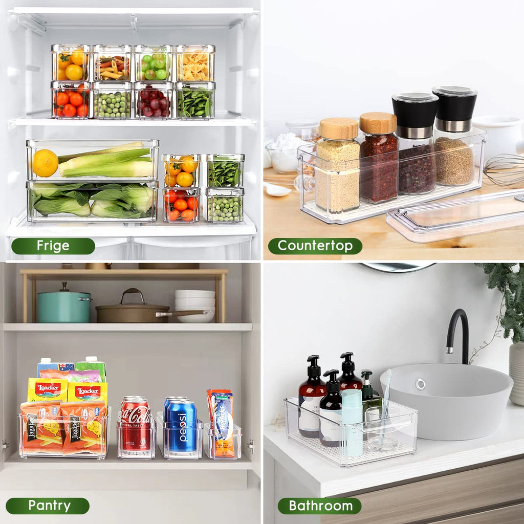 14 Pack Fridge Organizer Bins with Lids, Stackable Clear Storage