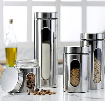 Quality 4pc Stainless Steel Canister Set Counter with Glass Window & Airtight Lids, Food Storage Containers, Pantry