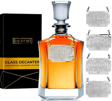 Whiskey Decanter With Label Tag - Bottle Metal Name Tags - Glass Airtight Stopper for Wine, Bourbon, Brandy, Juice