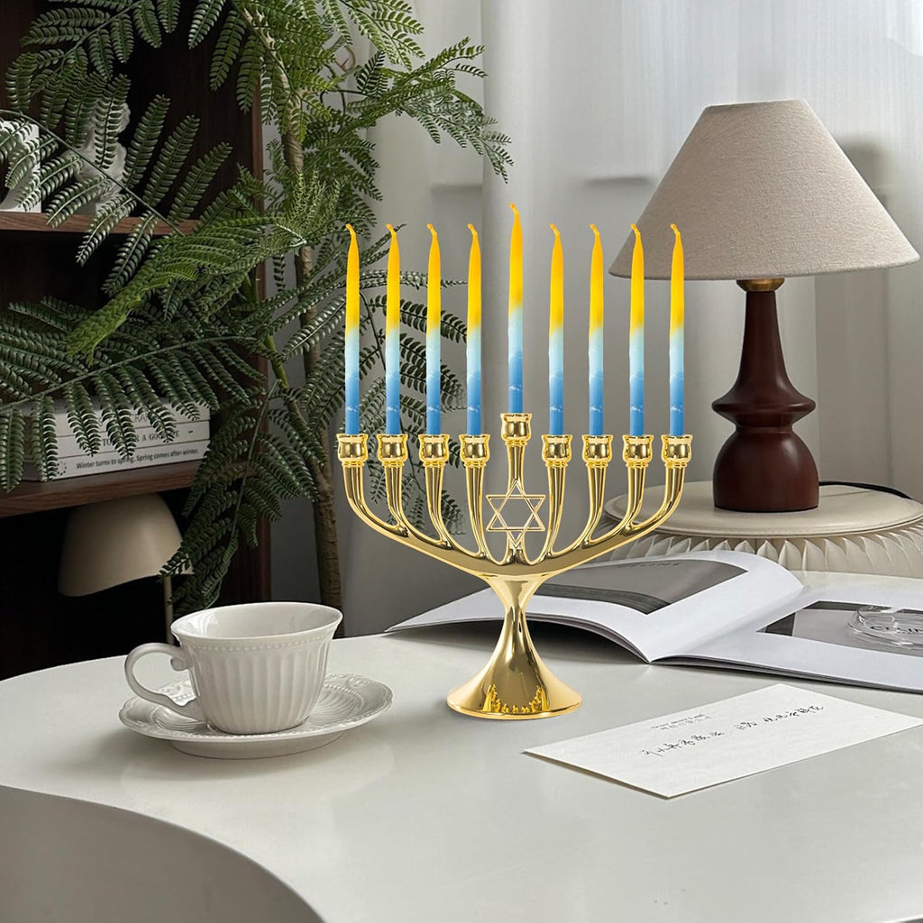 Hanukkah Upgrade Cups with Built-in Pins, Star of David Candle Holders 9 Branches Gold Plated Candlesticks Jewish
