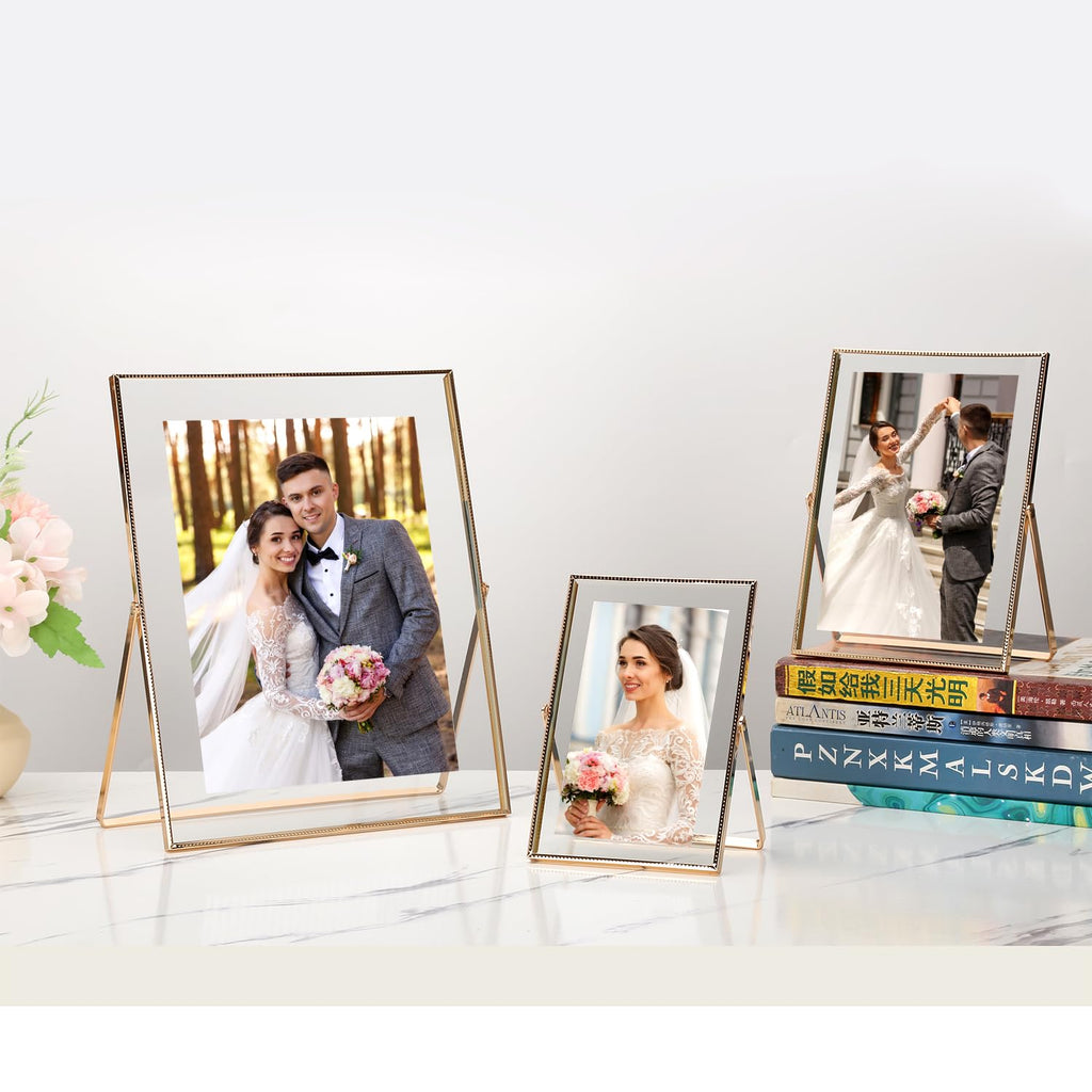 Gold 8x10'' Floating Frame Set of 2, For Photo Sizes( 5x7'', 6x8'', 7x9''), Beautiful Metal Beaded Edge Frames Adjustable