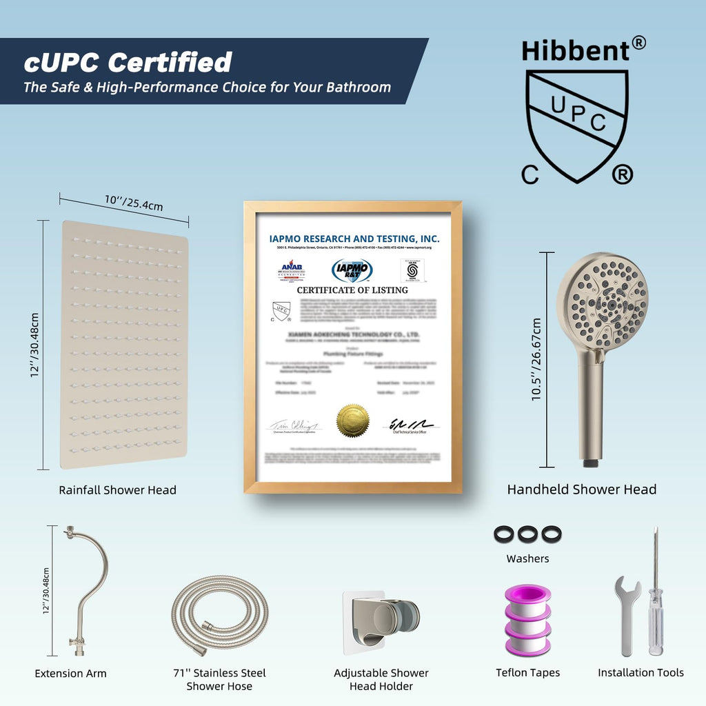 All Metal cUPC Certified High Pressure Rainfall 12'' Shower Head