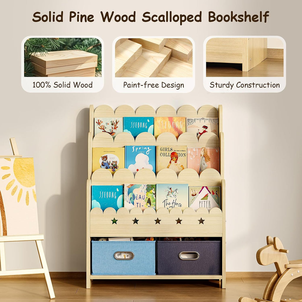 2-in-1 Kids Bookshelf with Toy Storage Drawers, Scalloped Montessori Bookcase Front Facing for Toddlers, Solid Wood