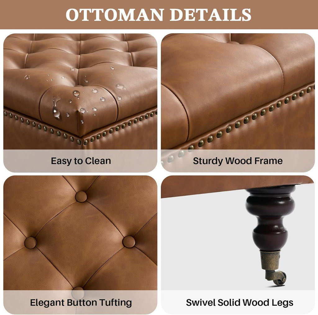 Square Ottoman Coffee Table, Large Leather Ottoman with Storage | Oversized Footstool, Wood Caster Wheels, Brass
