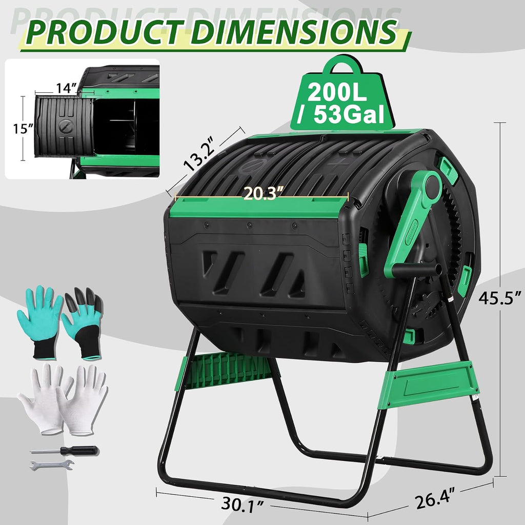 53 Gal Dual Chamber Compost Tumbler Outdoor - BPA-Free Rotating Composter with 8 Adjustable Vents, 2 Sliding Doors &