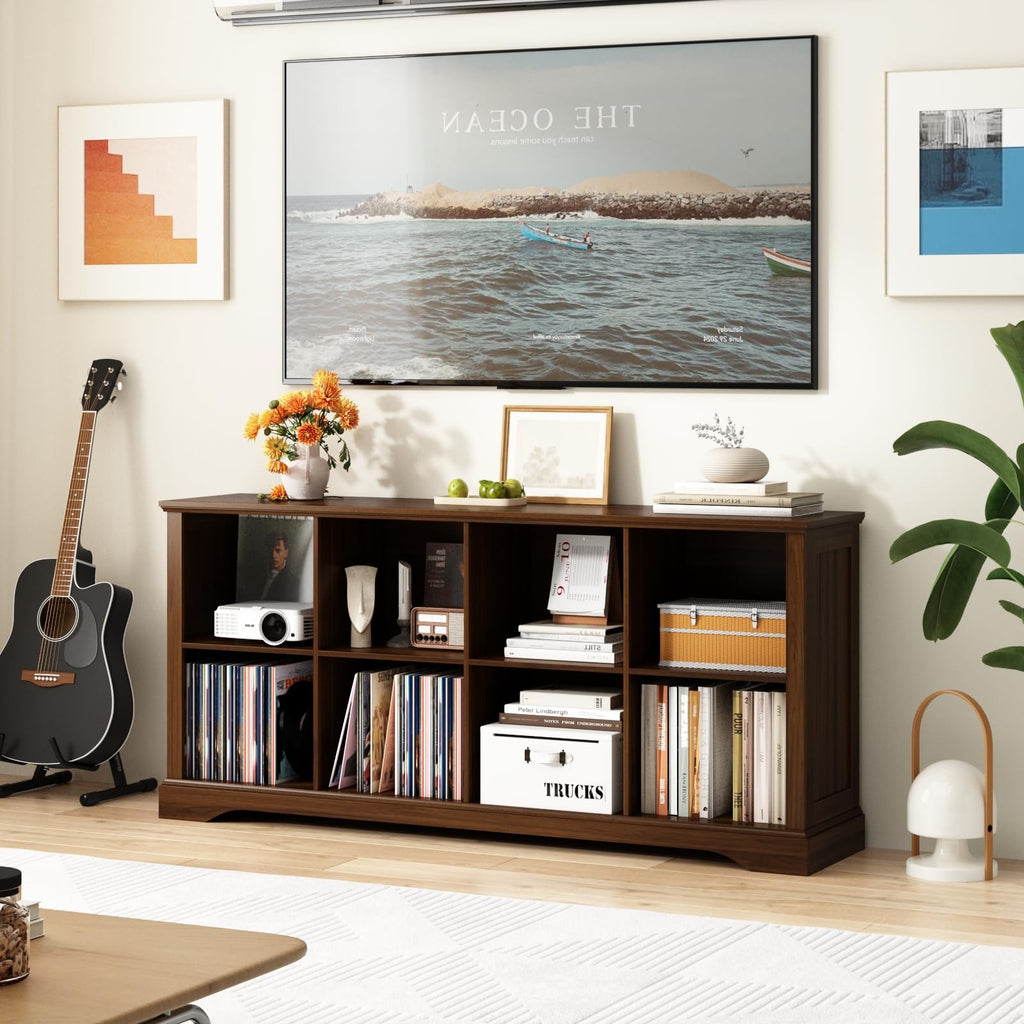 8 Cube Storage Organizer, 62" Long Low Horizontal Bookshelf, Walnut