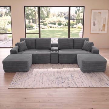 142'' U Shaped Boneless Couches, Corduroy Modular Sectional Sofa Grey